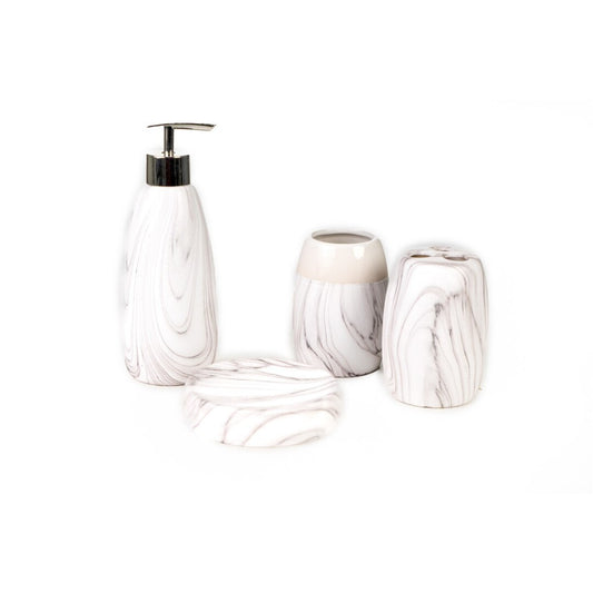 CONJUNTO BAÑO 4 PCS CERAMICA MARMOLADO GRIS Referencia: 84-3782 12x12x34 cms