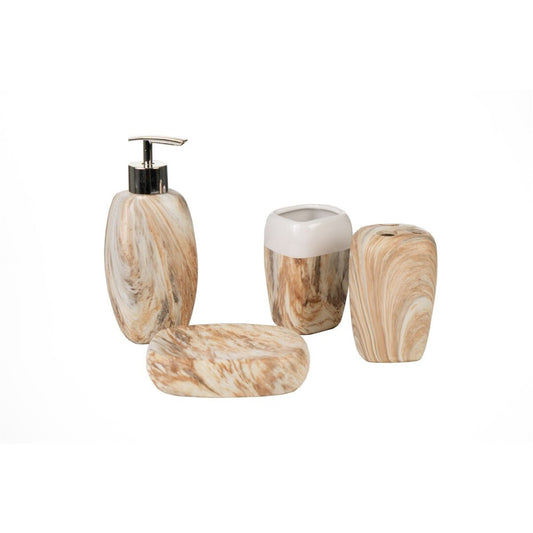 CONJUNTO BAÑO 4 PCS CERAMICA MARMOLADO BEIGE Referencia: 84-3783 12x12x34 cms